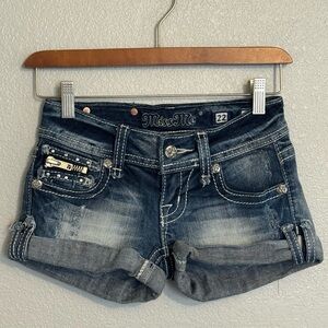 Miss Me Women's Blue Denim Shorts Rhinestone and Zipper Detailing Y2K